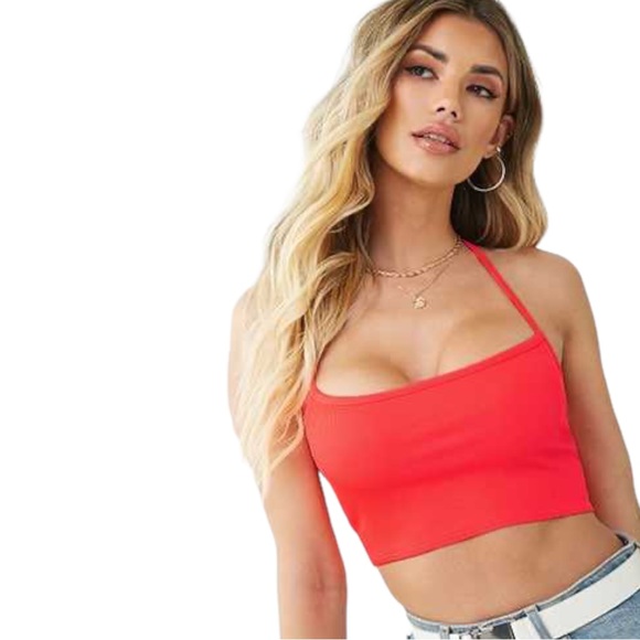 NWT Forever 21 Ribbed Coral Knit Tie Halter Crop Top Tank Top - Picture 7 of 8